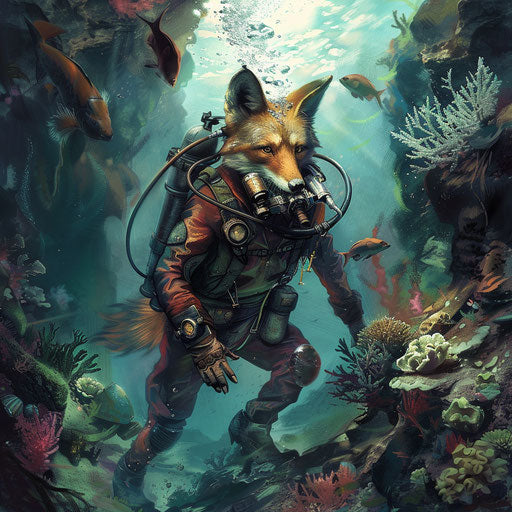 Coyote exploring coral reefs as a deep-sea diver