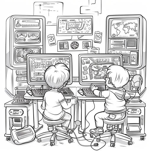 Children playing educational games on computers. Coloring book page