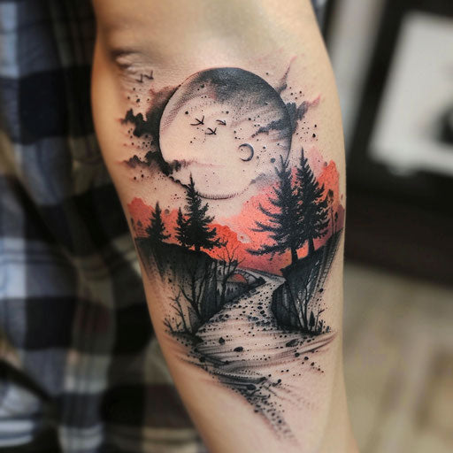 Bicep tattoo of a surreal landscape in the style of David Palumbo