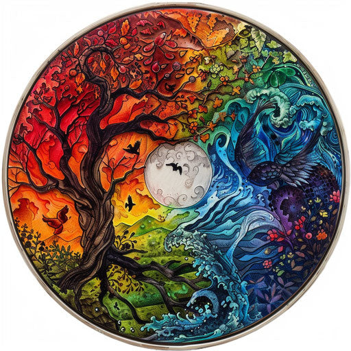 Seven days of creation tattoo in vibrant colors on white