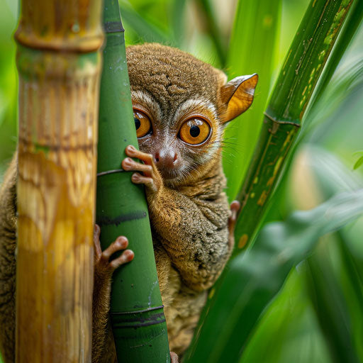 Tarsier on bamboo stalk, lush green foliage