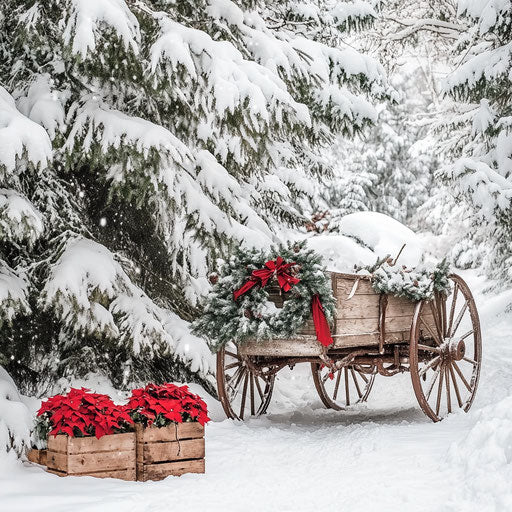 Wooden wagon decorated for Christmas in snowy landscape
