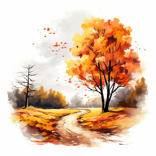 Autumnal illustration in the style of oil painting, on white background