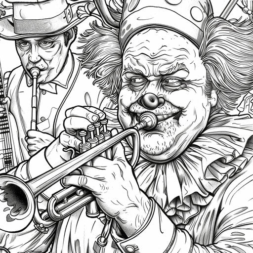 Clown playing trumpet and leading a band