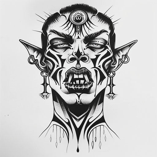 Stylized flat tattoo sketch of a vampire with tribal markings