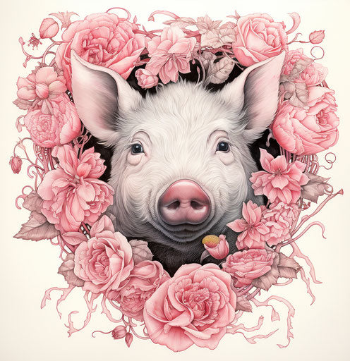 Heart-shaped wreath with pink flowers and pig in center, whimsical ink drawing style