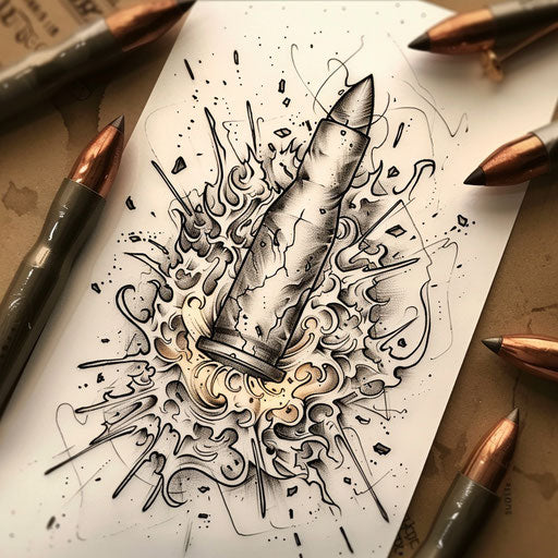 Dynamic flat tattoo sketch of a bullet surrounded by sparks and fire