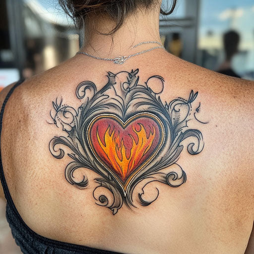 Mom heart surrounded by flames and smoke tattoo