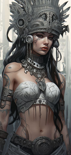 Woman with tattoo, Aztec art style, beautiful drawing