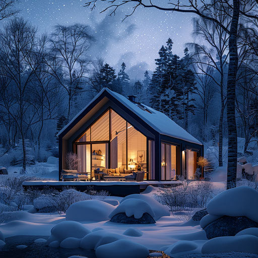 Cozy cabin in snowy landscape at night