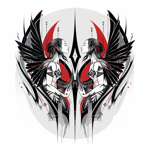Stylized flat tattoo sketch of an angel and devil with mirrored poses, geometric patterns, dual-tone