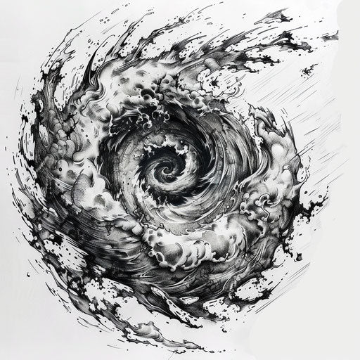 Dynamic flat tattoo sketch of a swirling storm system with bold, expressive lines