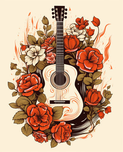Acoustic guitar and roses in the sun, naive drawing