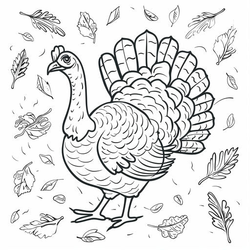 Simple turkey outline surrounded by fall leaves coloring
