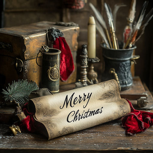 Merry Christmas on a scroll sealed with wax, surrounded by vintage quills and ink pots on an old wooden desk.