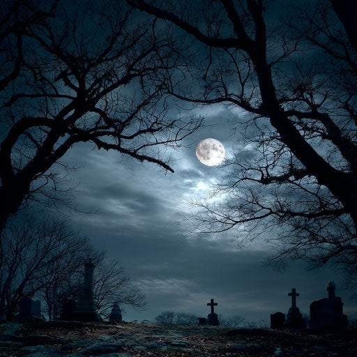 Moonlit Graveyard Under a Dramatic Sky