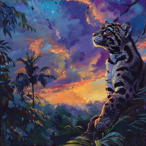 Bornean clouded leopard in forest at sunset
