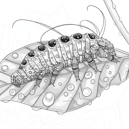 Caterpillar on leaf with dew drops