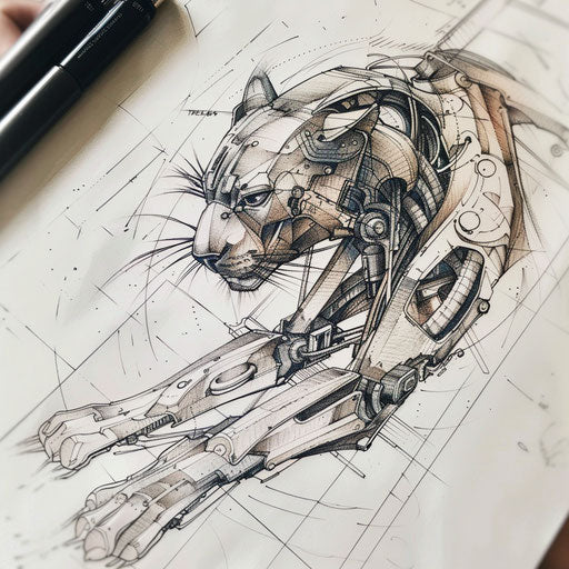 Biomechanical panther tattoo on white technical draft