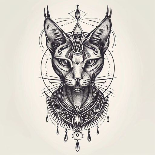 Exotic flat tattoo sketch of Bastet with traditional African tribal patterns