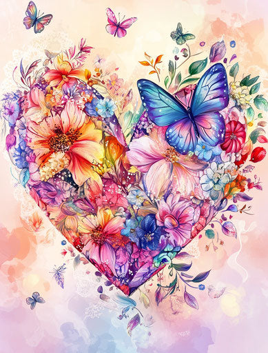 Colorful floral heart with lace and butterflies