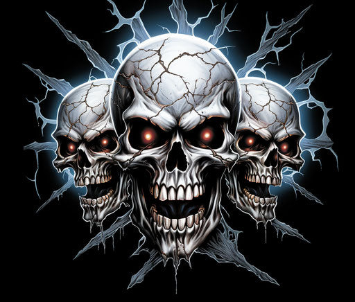 Three skulls with lightning bolts tattoo design, in distorted style