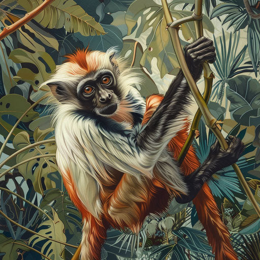 A Zanzibar red colobus in a moment of play, swinging from a vine with a backdrop of a dense, untouched jungle paradise
