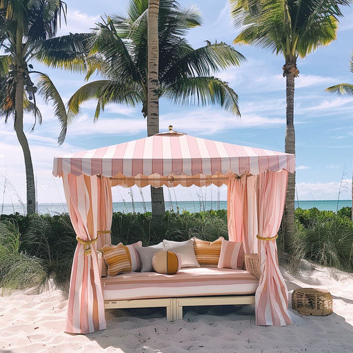 Stylish beach cabana scene with lively atmosphere