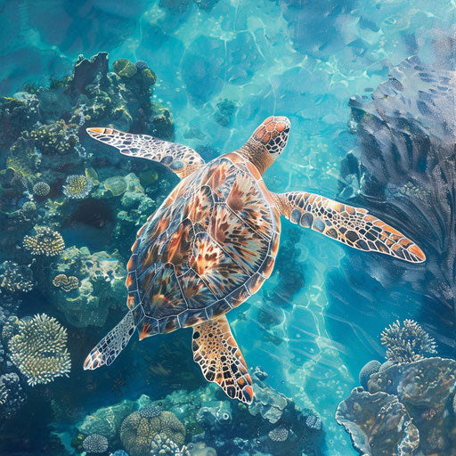 Sea turtle swimming in blue waters with coral backdrop