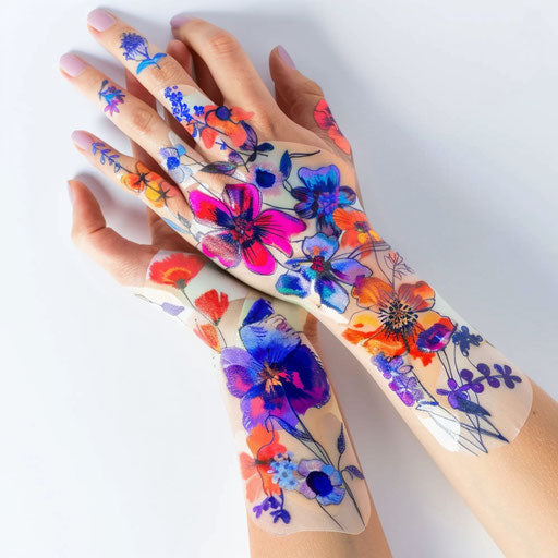 Vibrant wildflower tattoos in a neon color palette