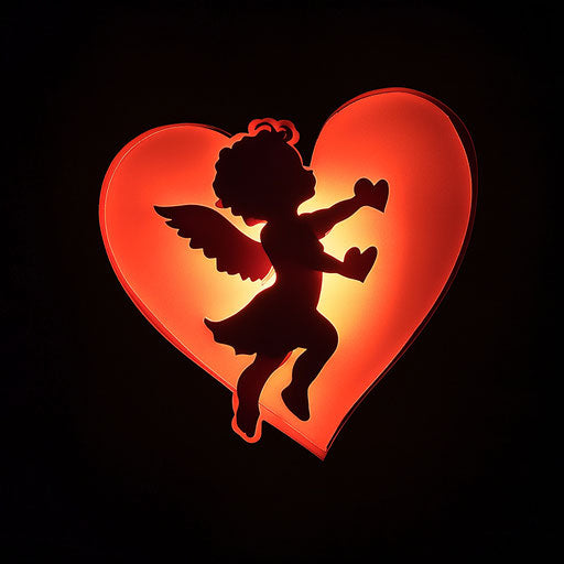 Backlit red silhouette of Cupid with a heart, against black