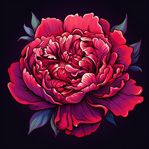 Illustration of pink peony on white background, engraving style, dark violet and light red