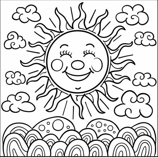 Cheerful scene with a smiling sun and puffy clouds in the sky