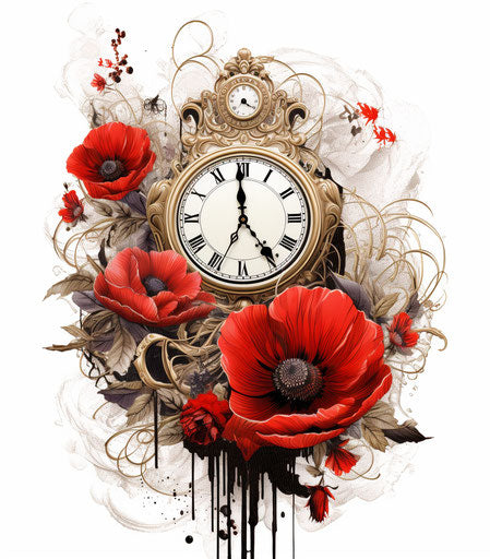 clock portrait lace and red poppies