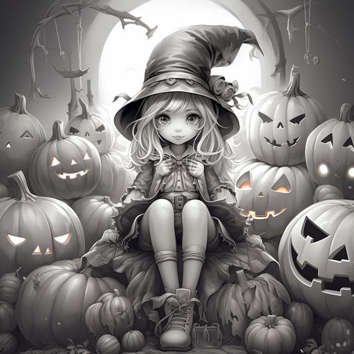 The cute Halloween witch sitting amongst pumpkins to color, in the style of cybermysticsteampunk, black and white realism, fantasy-based, rtx on