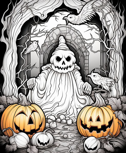 Halloween coloring page with ghost, pumpkin and spiders, ilford pan f style, 5:6 expansive