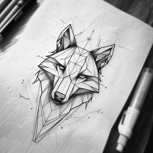 Minimalist tattoo sketch of a geometric wolf