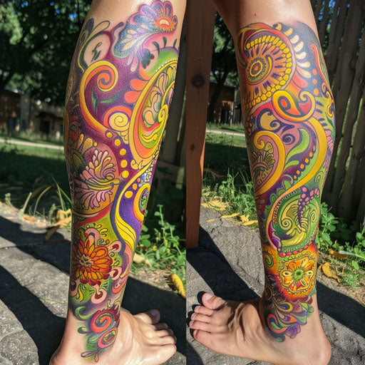 Women's leg tattoos Guy Aitchison style, vibrant designs