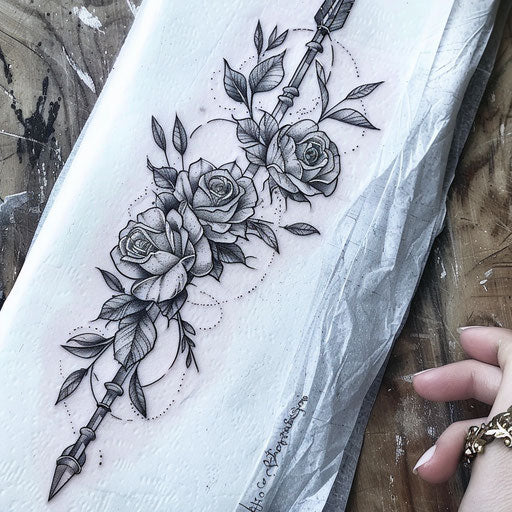 Floral arrow tattoo, intertwining roses and leaves