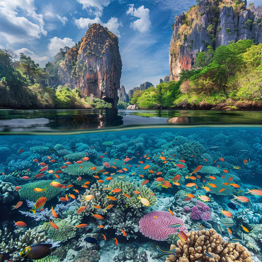 Railay Beach, Thailand with vibrant coral reefs and fish