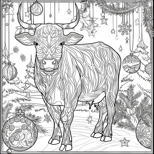 Cow in a Christmas-themed setting with ornaments. Coloring book page