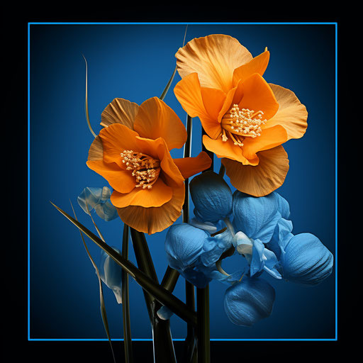 Three blue flowers in a square icon, in the style of Angenieux 45-90mm f/2.8, blue and amber