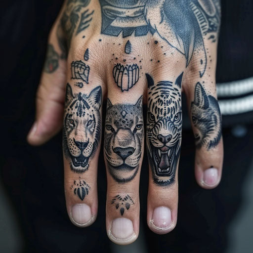 Finger tattoo with fierce animal designs