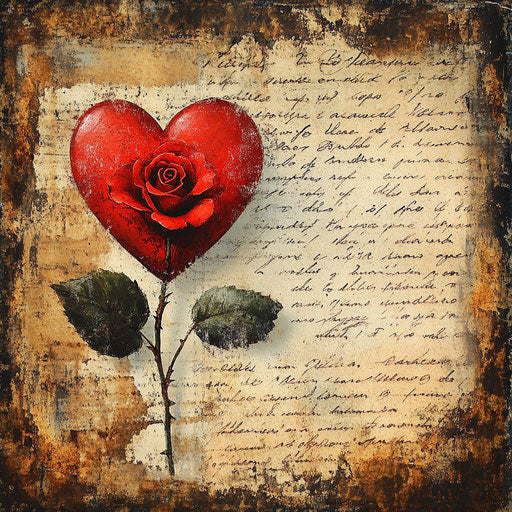 Red heart and rose on vintage love letters