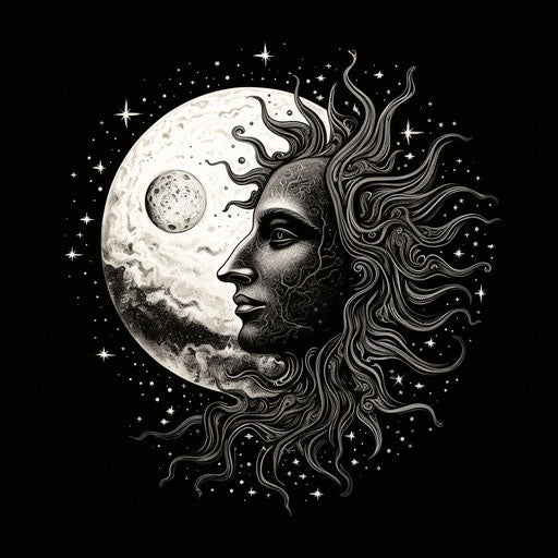 Black and white vector illustration of the sun and the moon