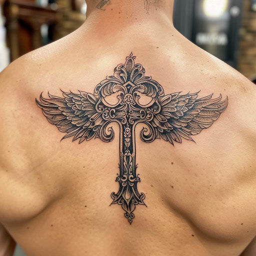 Ornate strength cross tattoo with angel wings