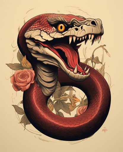 Snake tattoo with mouth open, traditional animation style
