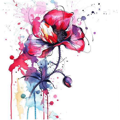 Contemporary poppy tattoo design with abstract elements and splashes of color