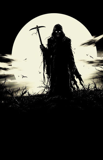 Black silhouette of a grim reaper with a scythe slaying soldiers