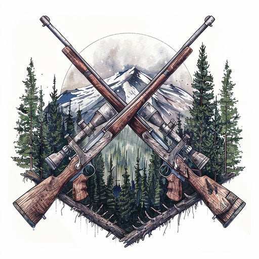 Duo of vintage rifles crossed with forest backdrop